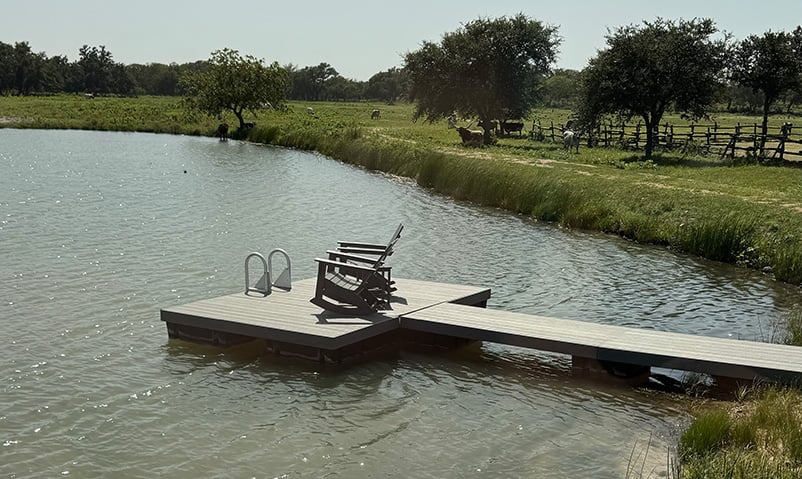 DIY Floating Dock Kit with Chairs and Ladder on a pond